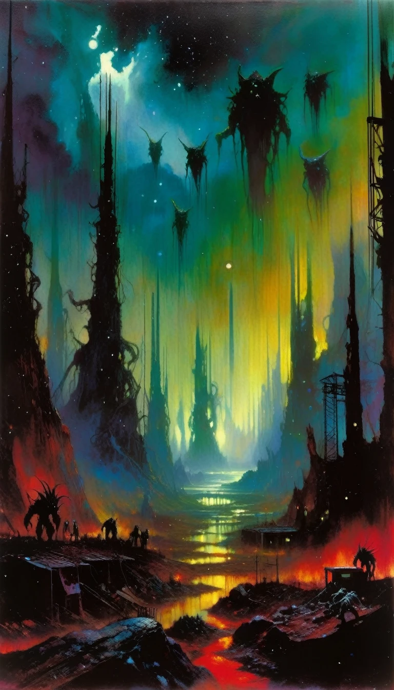 great landscape, dead world theme, contaminated world, only metal structures left as a memory, no vegetation, contaminated water, dark world, spectacular otherworldly sky, mutant monsters on stage (art inspired by Bill Sienkiewicz ). oil painting)