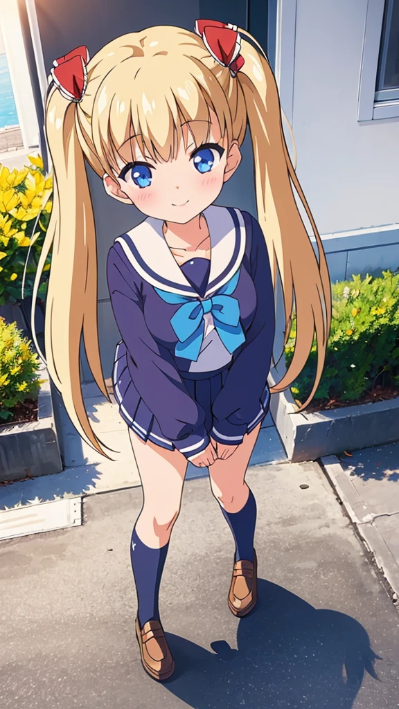 (Masterpiece), Best Quality, City, sunlight, light particles, Light rays, 1 girl, blush, SMILE, wide, sailor uniform full body ray tracing