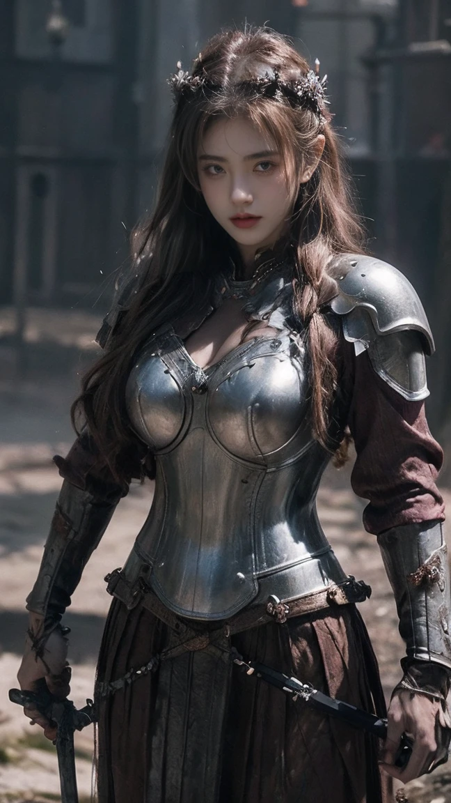 21yo girl,(wearing iron suit),(viking suit),(wearing viking suit),(sword),(hold sword), (holding sword), (knight),natural big breast, plump body,single sidelock hairpin blush modern cinematic lighting,ray tracing,drop shadow wide shot UHD,textured skin,high details,best quality 4K