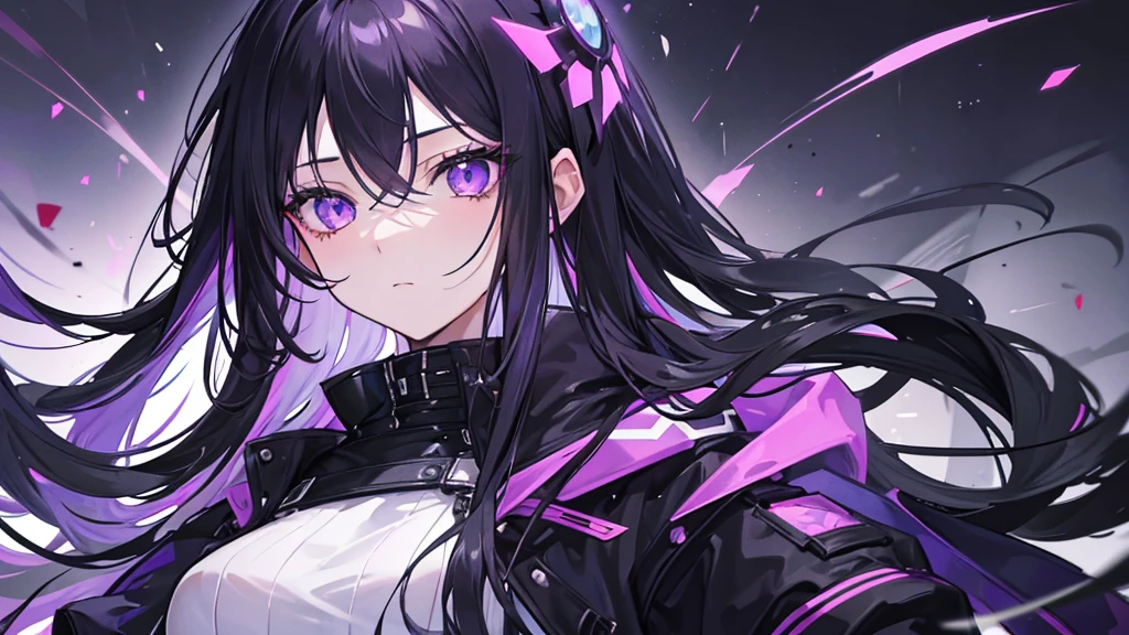 1girl, black long hair, a lot of hair, purple eyes, detailed eyes, looking at viewer, emotionless, wearing coat, urban ruins, absurdres, high res, ultrasharp, 8K, masterpiece, mature looking, purple aura, close-up