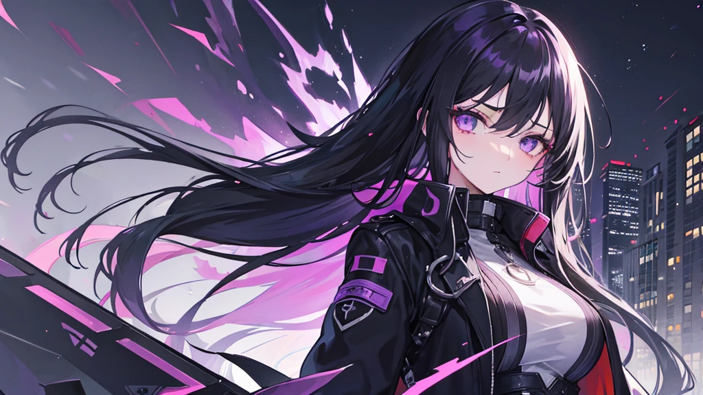 1girl, black long hair, a lot of hair, purple eyes, detailed eyes, looking at viewer, emotionless, wearing coat, urban ruins, absurdres, high res, ultrasharp, 8K, masterpiece, mature looking, purple aura, close-up