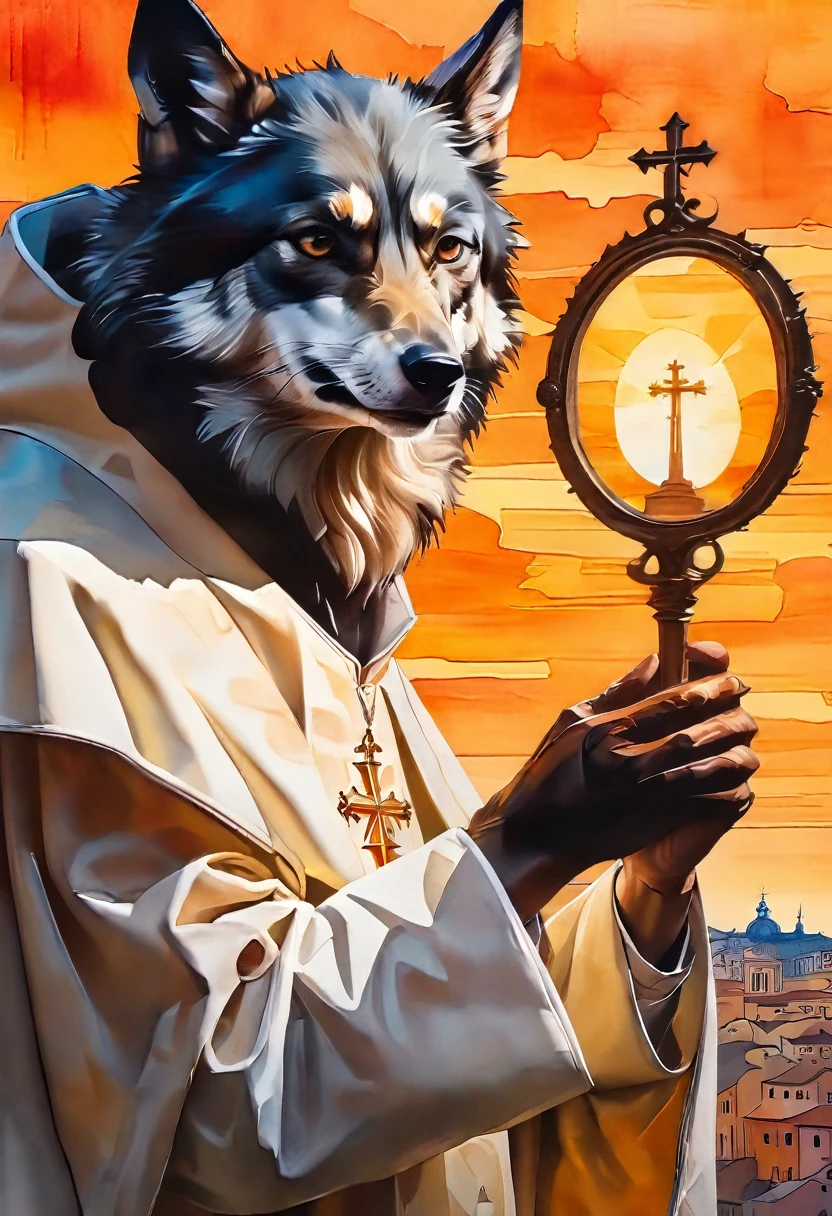 shilouette, oil painting, watercolor, old paper, Picture of a pope, holding a monstrance, wearing a mitre (hat), casting a shadow of a menacing wolf ready to strike, growling, and evil eyes. vatican cathedral, sunset, orange
