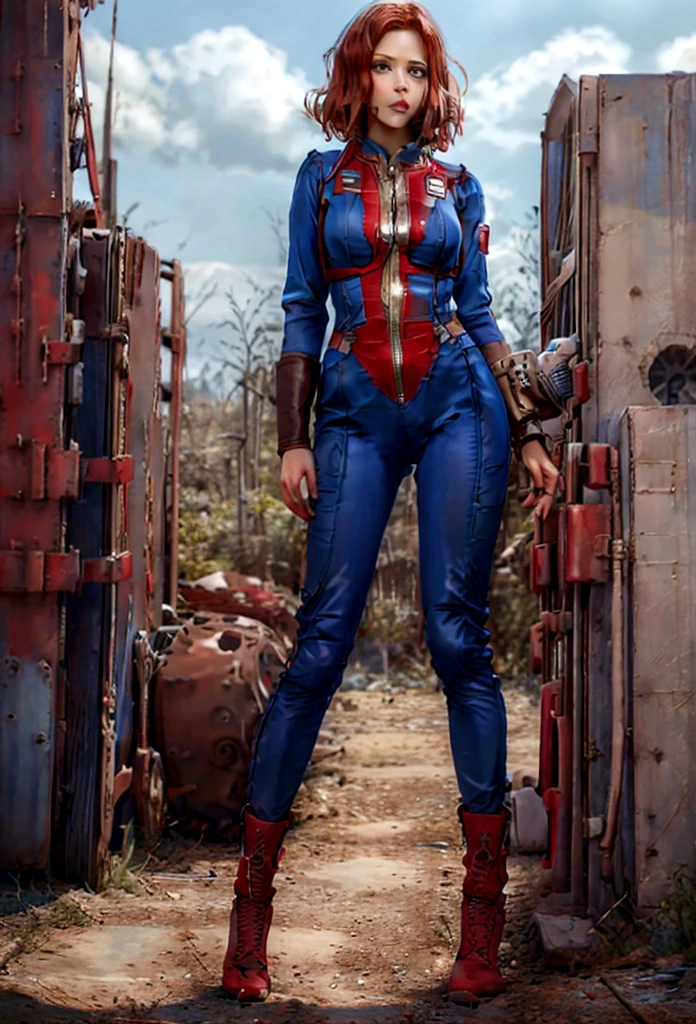 perfect face,(masterpiece), best quality, expressive eyes, perfect face 1 fit mature woman,(one piece jump suit), (open top), (zipped down showing red bra), (alone) view, shot from front, fallout, suit