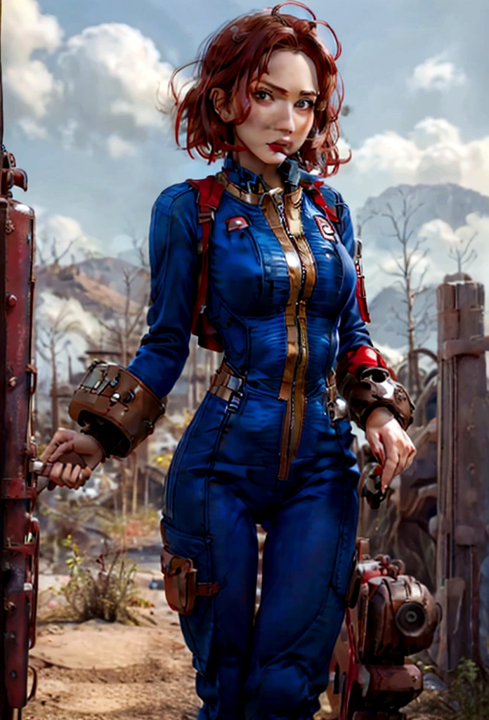 perfect face,(masterpiece), best quality, expressive eyes, perfect face 1 fit mature woman,(one piece jump suit), (open top), (zipped down showing red bra), (alone) view, shot from front, fallout, suit