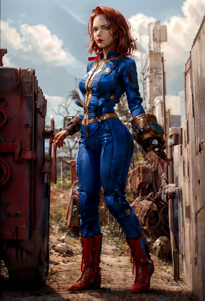perfect face,(masterpiece), best quality, expressive eyes, perfect face 1 fit mature woman,(one piece jump suit), (open top), (zipped down showing red bra), (alone) view, shot from front, fallout, suit