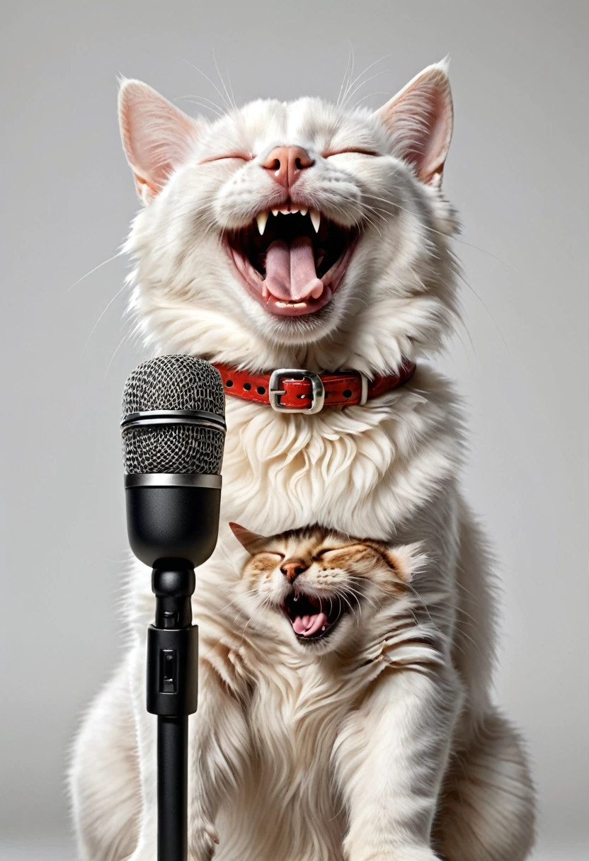amazing quality, ultra detailed, super realistic, cat and dog rock , happy cat, cute cat, white cat, kind and cutty cat, happy dog, cute dog, cat and dog sing a duet together, concert, smile, singing, extremely detailed, there is a cat that is singing song with dog, happy dog, a cat is smiling, smiling cat, happy with his mouth open, funny cat, soft lulling tongue, cat photo, dog photo, laughing and yelling, cute cat and dog photo, with mouth open, cat, dog, smileeeeeee, photo of a cat, white background, music playing, cat singing with microphone, mouse open, realistic cat. eyes closed in pleasure, red collar. make teeth natural looking and detailed. shiny red collar. Realistic super detailed teeth, pleasure and fun