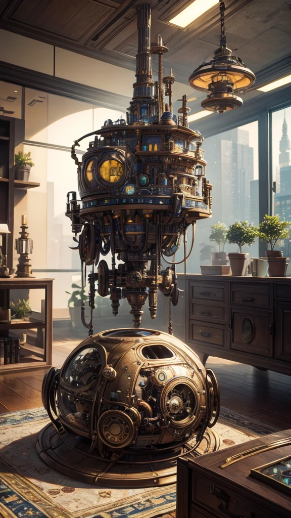 one organic steampunk mechanical scifi ufo sitting on the floor of modern over planted living room with carpet, modern interior, High quality photo, ultra high res, (photorealistic:1.4), cinema lighting, insanely detailed, hyper realistic, fine details, octane render