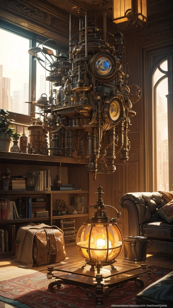 one organic steampunk mechanical scifi ufo sitting on the floor of modern over planted living room with carpet, modern interior, High quality photo, ultra high res, (photorealistic:1.4), cinema lighting, insanely detailed, hyper realistic, fine details, octane render