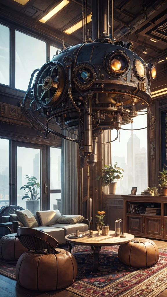 one organic steampunk mechanical scifi ufo sitting on the floor of modern over planted living room with carpet, modern interior, High quality photo, ultra high res, (photorealistic:1.4), cinema lighting, insanely detailed, hyper realistic, fine details, octane render