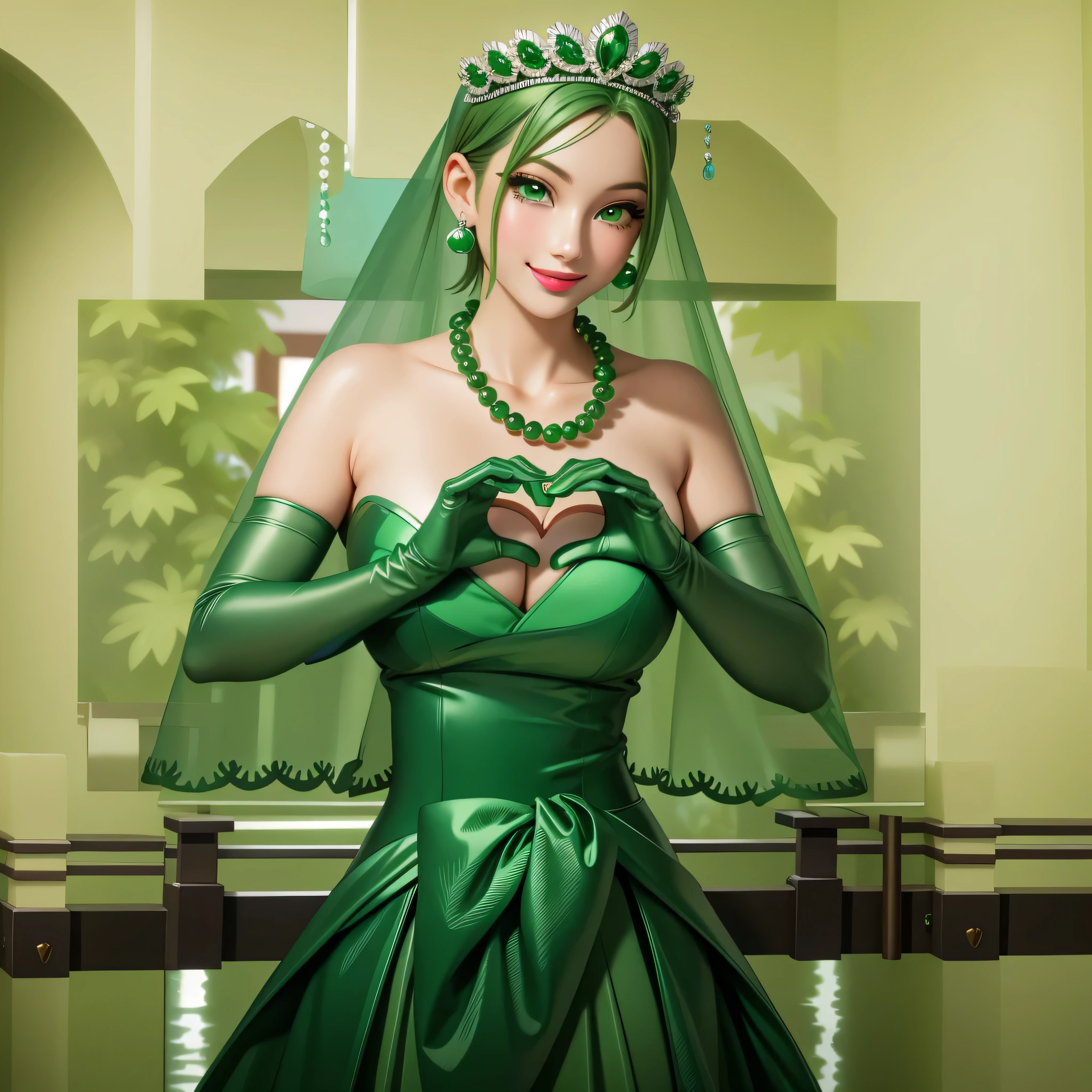 emerald tiara, Green Pearl Necklace, Boyish very short green hair, Green Lips, Smiling Japanese woman, Very short hair, Busty beautiful lady, Green Eyes, Green satin long gloves, Green Eyes, Emerald Earrings, Green veil, Heart with both hands, Green Hair, Beautiful Japanese Women, Heart shaped hands:1.3, green lip gloss