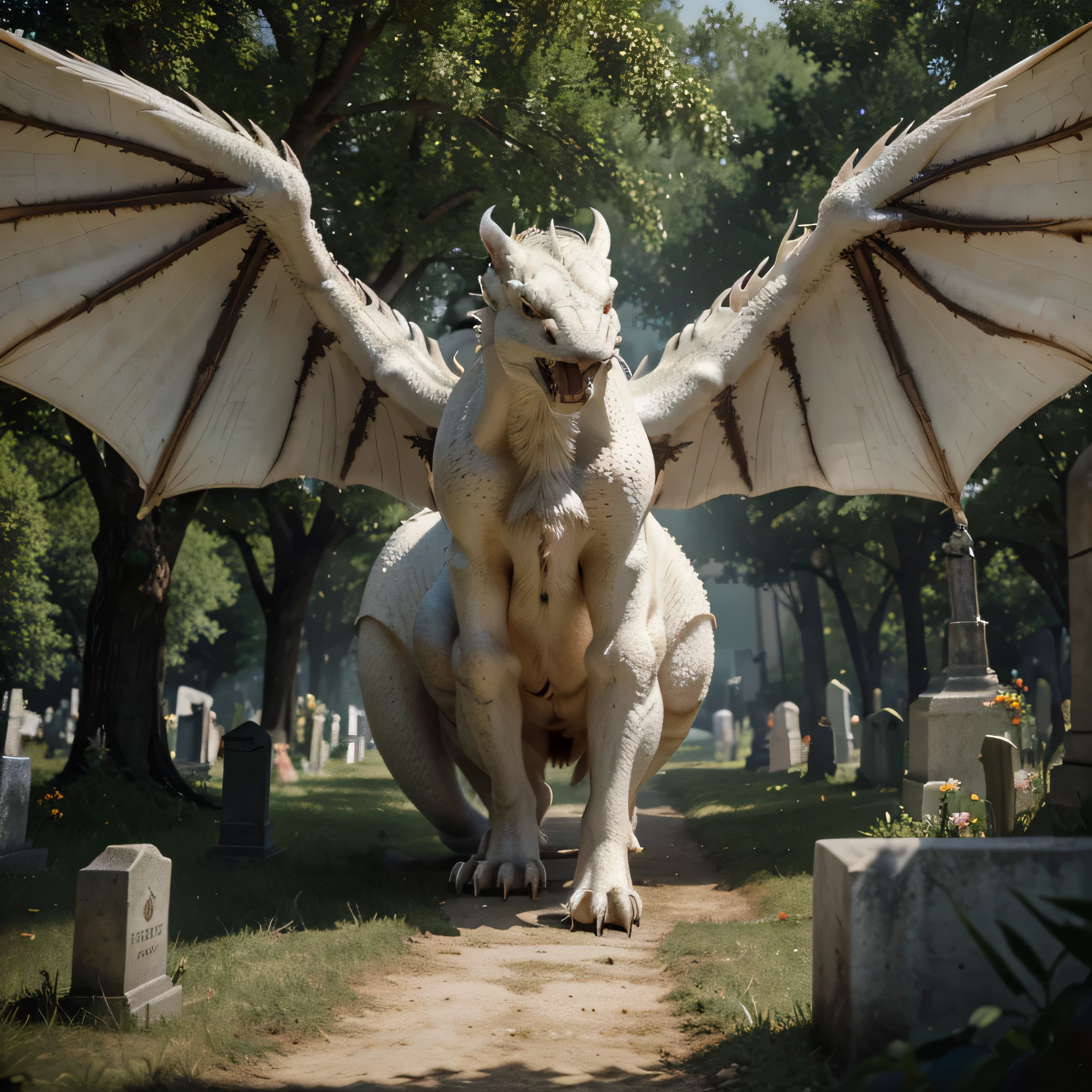(best quality,4k,highres,masterpiece:1.2),ultra-detailed,(realistic:1.37),light atmosphere,tomb,white dragon emerging from the earth,vector art,detailed,fangs,wings,fire,earth,day,cemetery