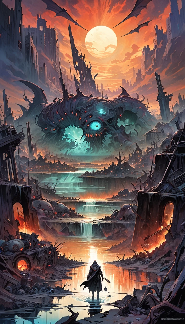large landscape, dead world theme, polluted world, destroyed city, no vegetation, polluted water, dark world, spectacular otherworldly sky, mutant monsters on stage (art inspired by Bill Sienkiewicz). oil painting)