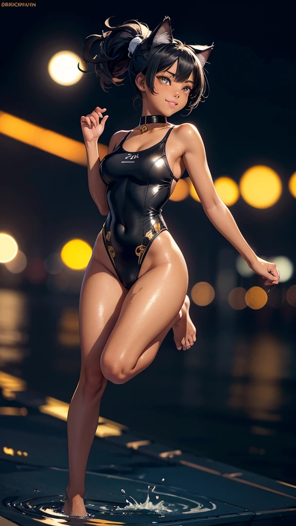 (high resolution, full body, soft skin:1.2),(best illustration,masterpiece:1.2),ultra-detailed,[(cat ears , black inside:1.2, black ponytail hair, gold eyes, cat eyes, dark skin),vivid colors,sharp focus,studio lighting,bokeh, wearing a WHITE Plunge One Piece Swimsuit, pier at night background, smiling, jumping in the air, back turned