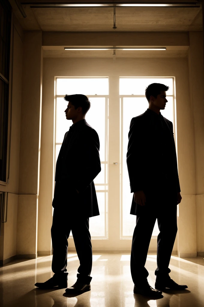 Book cover of two shadows of two men standing in a school