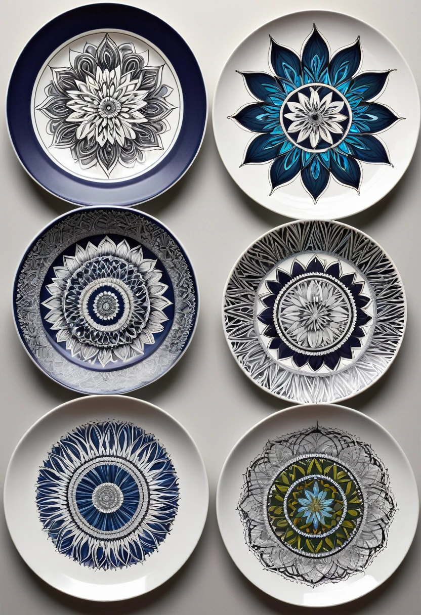 four different pictures of a plate with a design on it, mandalas, simplified zentangle, inspired by Howard Mehring, intermediate art, intricate!!, intricate designs, circle forms, detailed designs, detailed art, inspired by William Dobson, inspired by M. C. Escher, inspired by M.C. Escher, intricate art, over-detailed art