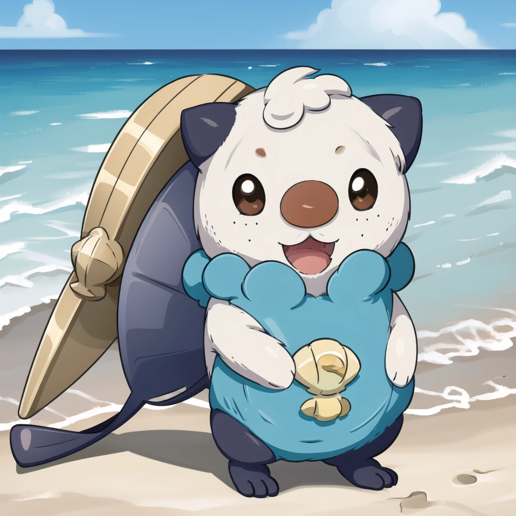 oshawott, furry, chibi, black eyes, solo, seashell, body fur, (best quality), beach background, detailed fluffy fur, looking at viewer, whiskers, smile, nose, (tail:1.1),