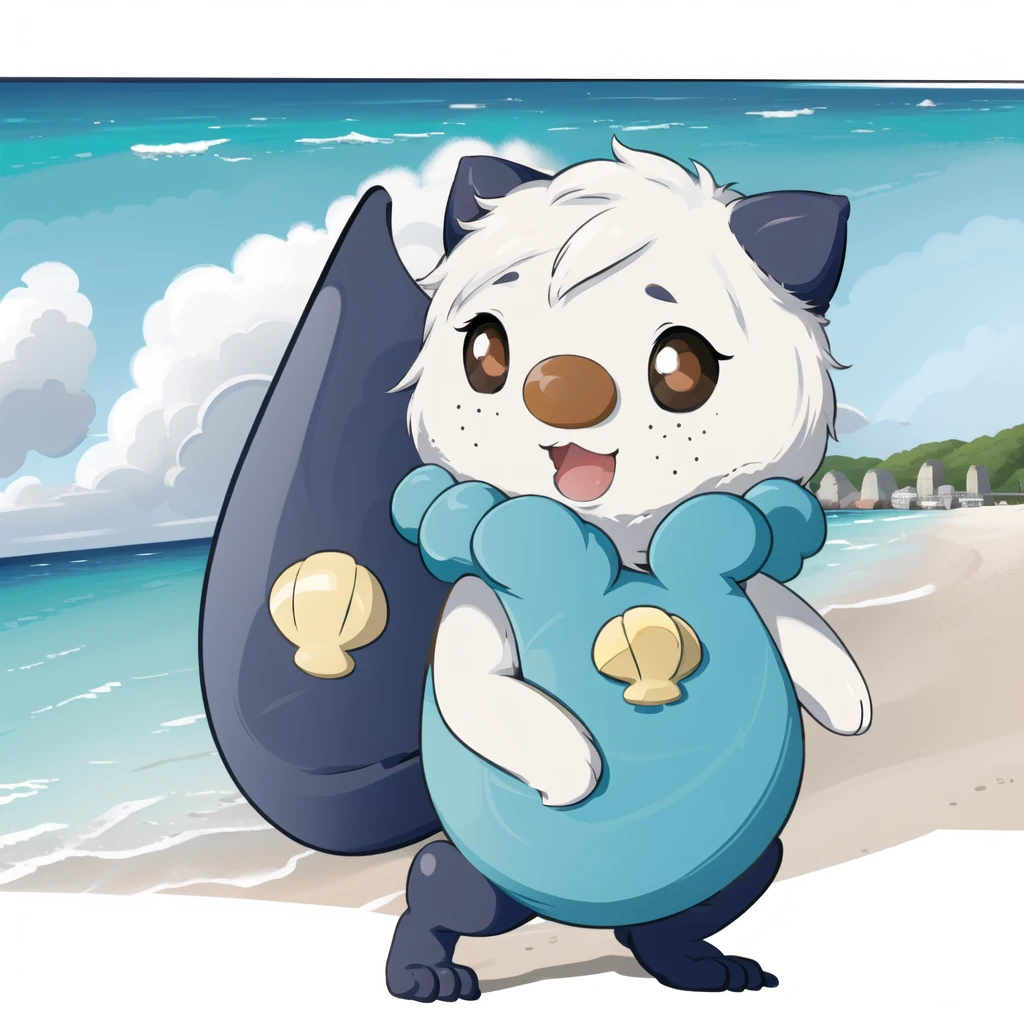 oshawott, furry, chibi, black eyes, solo, seashell, body fur, (best quality), beach background, detailed fluffy fur, looking at viewer, whiskers, smile, nose, (tail:1.1),