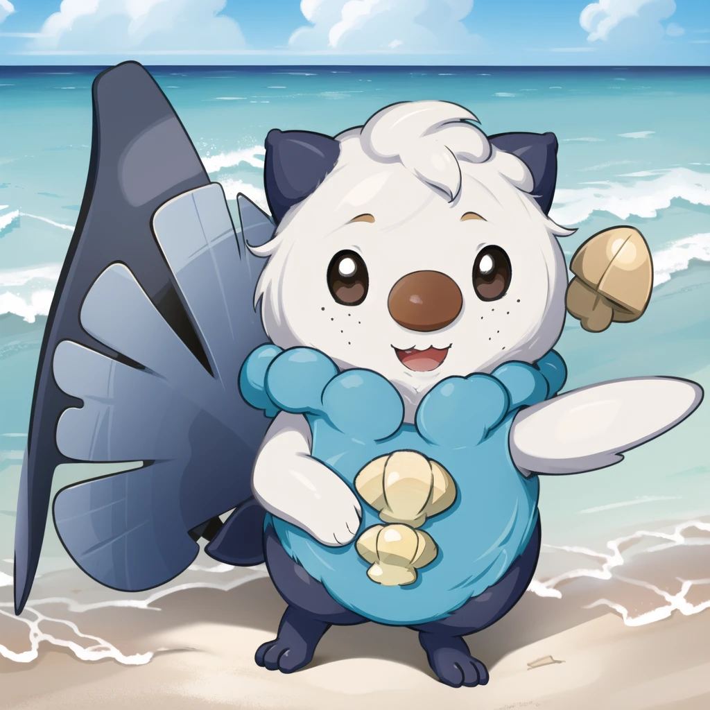 oshawott, furry, chibi, black eyes, solo, seashell, body fur, (best quality), beach background, detailed fluffy fur, looking at viewer, whiskers, smile, nose, (tail:1.1),