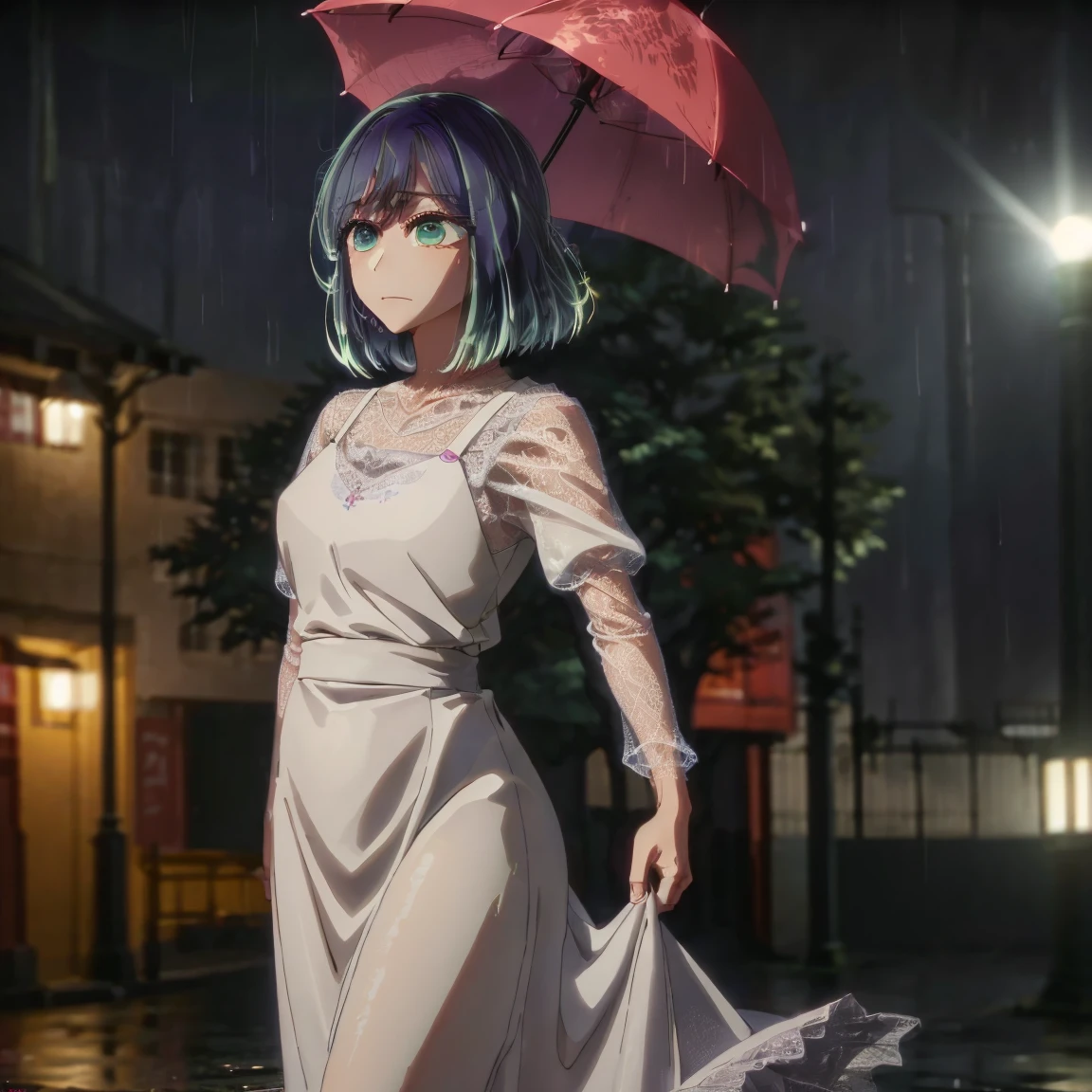 ((best quality, 8k, long lace dress, standing in the rain, red light district, highly detailed face and skin texture, detailed eyes, double eyelids.), tall body, tall, long legs, mature woman, mature, adult, , eft_oshi_akane, alone, 1 girl, blue hair, looking at viewer, medium hair, bangs, closed mouth, green eyes, multicolored hair, short hair, faded hair, blue eyes, more details XL