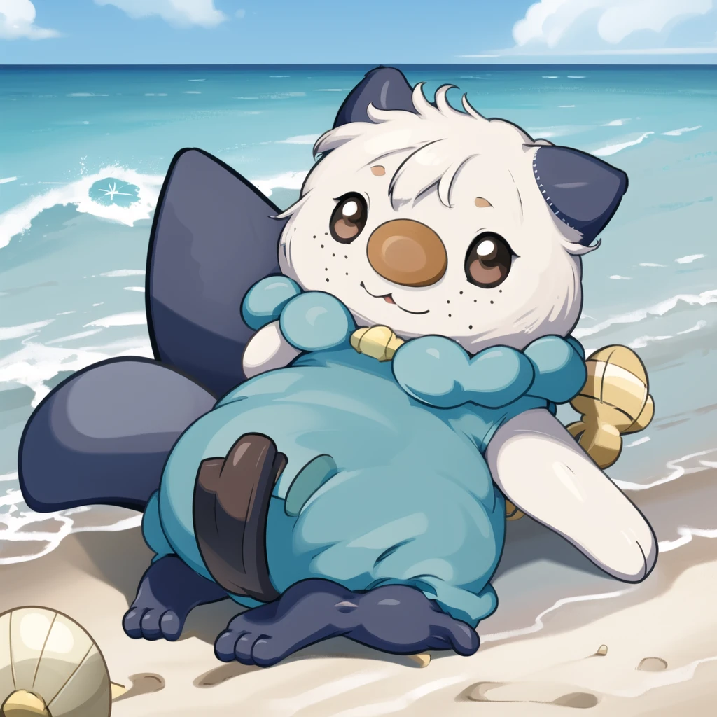oshawott, furry, chibi, black eyes, solo, seashell, body fur, (best quality), beach background, detailed fluffy fur, looking at viewer, whiskers, smile, nose, (tail:1.1),