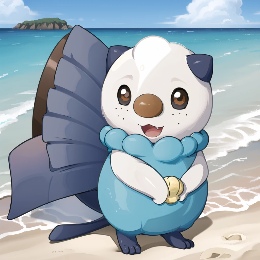 oshawott, furry, chibi, black eyes, solo, seashell, body fur, (best quality), beach background, detailed fluffy fur, looking at viewer, whiskers, smile, nose, (tail:1.1),