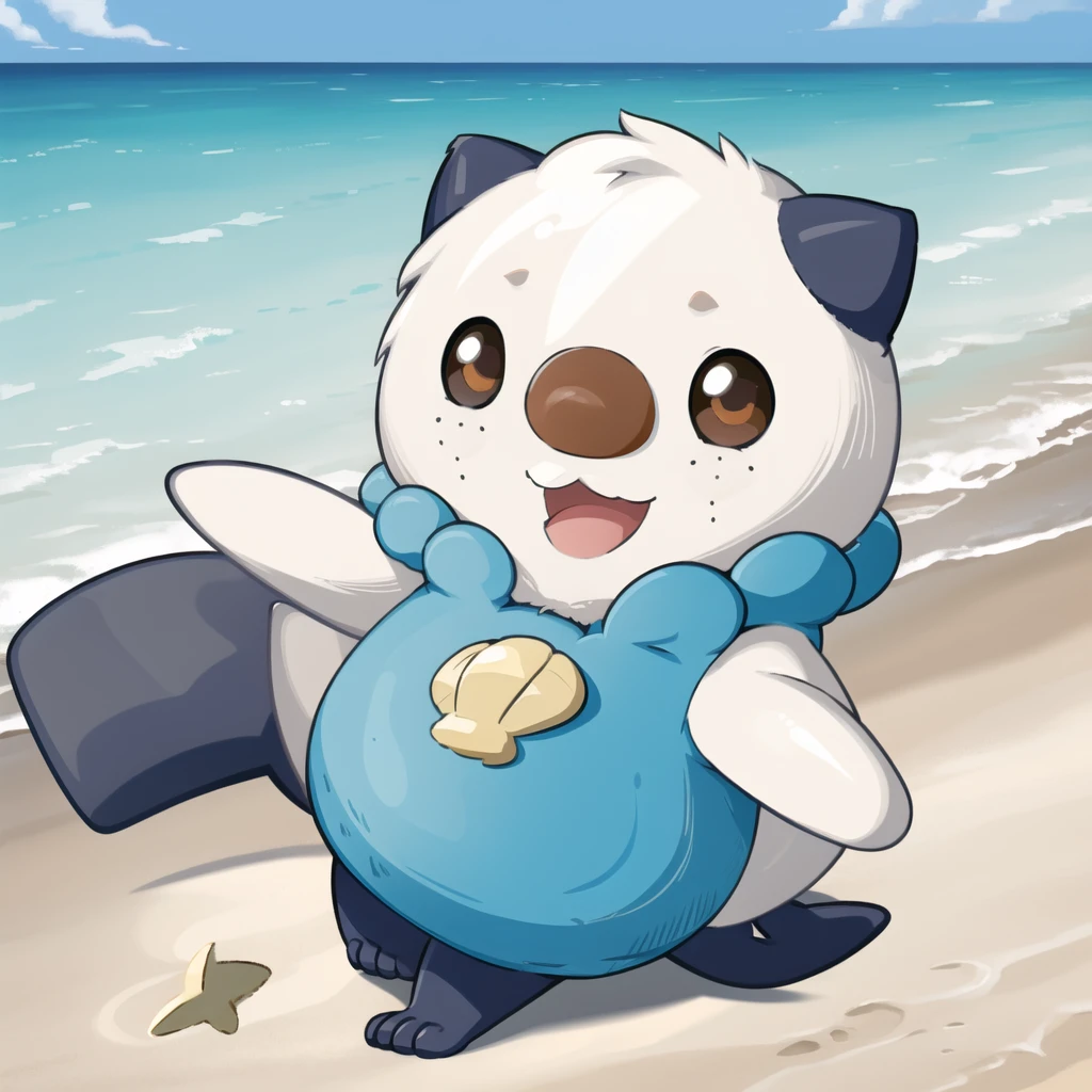 oshawott, furry, chibi, black eyes, solo, seashell, body fur, (best quality), beach background, detailed fluffy fur, looking at viewer, whiskers, smile, nose, (tail:1.1), 