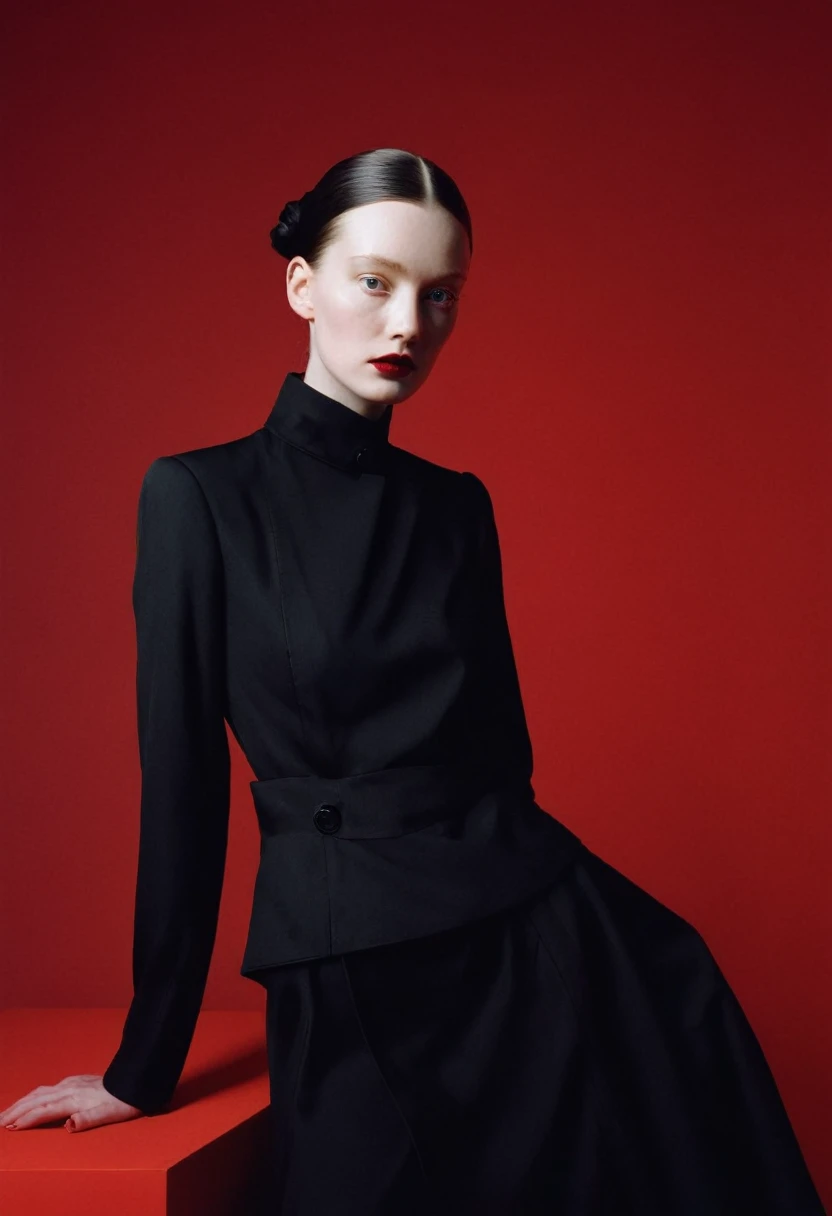 A photograph of a . She is dressed in black , minimalistic style against a red background, in the Tim Walker style of lighting, editorial photography. 