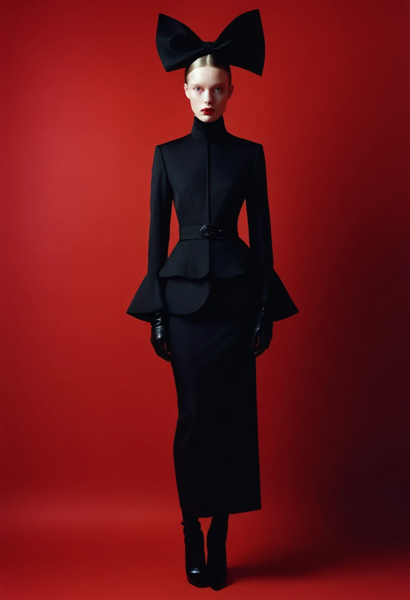 A photograph of a . She is dressed in black , minimalistic style against a red background, in the Tim Walker style of lighting, editorial photography. 