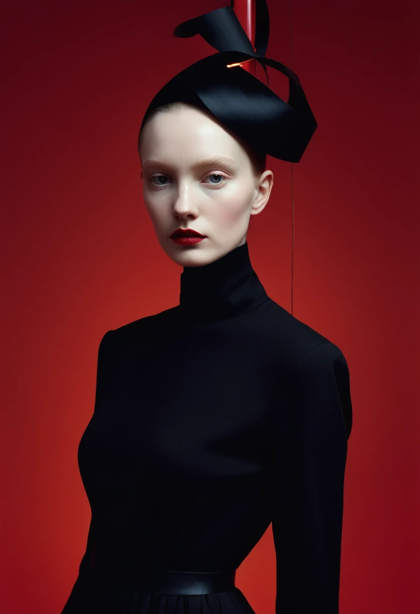 A photograph of a . She is dressed in black , minimalistic style against a red background, in the Tim Walker style of lighting, editorial photography.