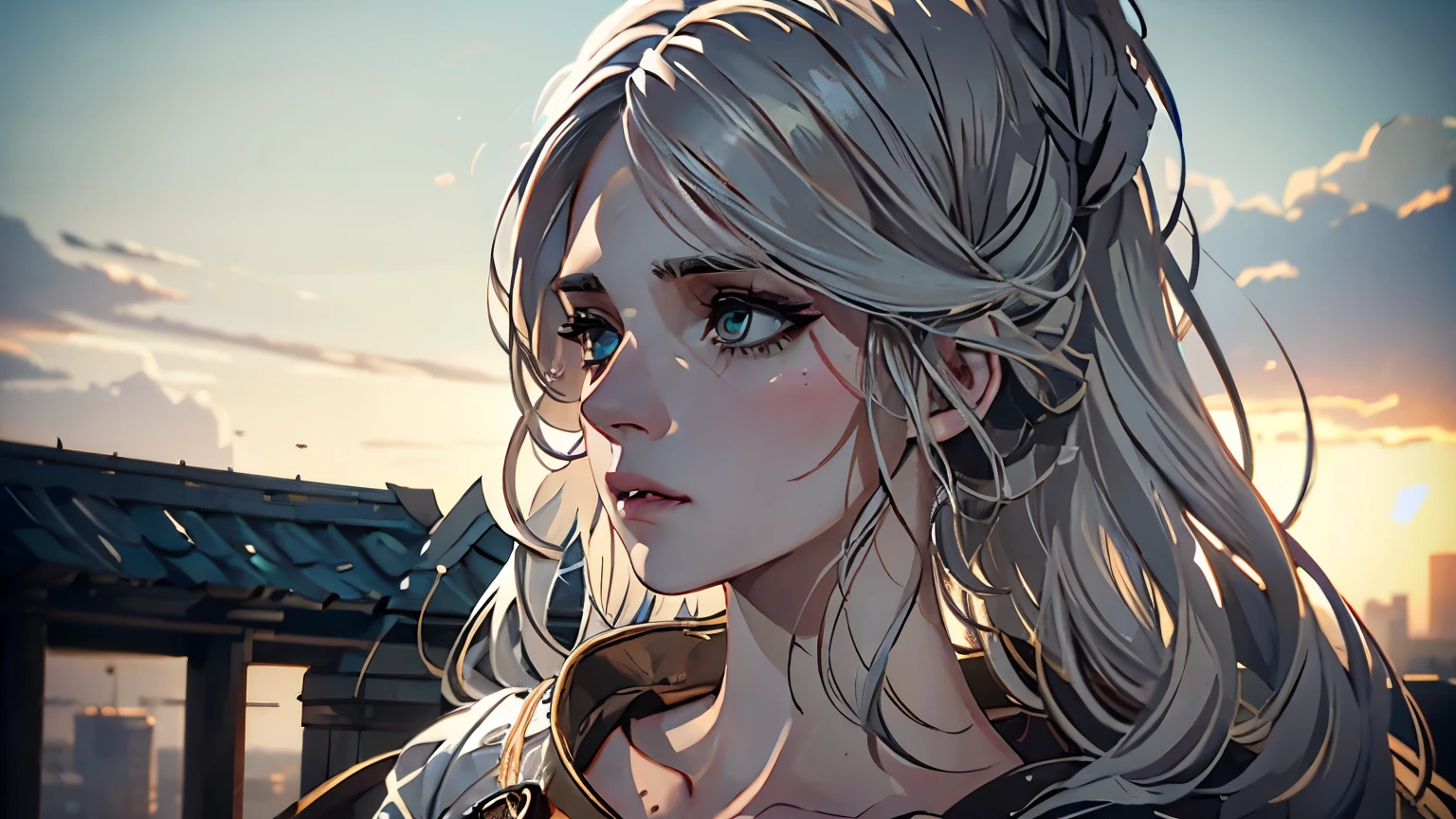 ultra-detailed, photorealistic (best quality:1.2) portrait of a woman( Ciri from The Witcher3) with white hair. Her expressive eyes gaze directly at the viewer, revealing a depth of emotion. She has a slim figure and medium-sized breasts, exuding a delicate and elegant charm. Her wind-blown long curls cascade down her back, adding a sense of movement to the composition. The background features a rooftop with a view of the cityscape, creating an urban atmosphere. The lighting is soft, casting gentle shadows on her features and emphasizing the intricacies of her face. The color palette consists of muted tones, with hints of cool blues and soft grays. This artwork exhibits a high level of detail and realism, capturing the essence of the subject with precision.