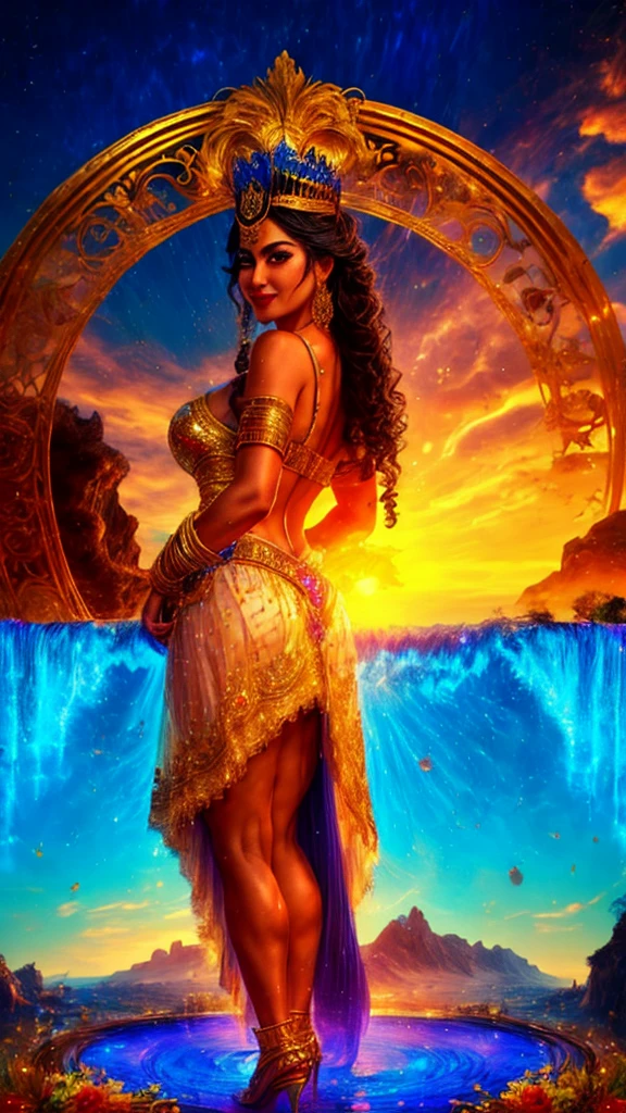 Full body pose, Latina, 40 years old Daisy Marie, 34dd's naturals, round firm , as a Egyptian Queen goddess with golden trimmed see-through body hugging skin-tighss, body silhouette seen under and ornated with Egyptian Royalty jewelry, masterpiece, best quality, highly detailed,  official art extremely detailed CG unity 8k wallpaper, 8k resolution, absurdres, full body, female, queen, goddess, idol, solo, makihitsuji, short eyebrows, V v-shaped eyebrows, gradient_eyes, tsurime, heart-shaped mouth, lipstick, 2D blush stickers, blush, jitome, naughty face, nose blush, smug, thinking, seductive smile, smirk, grin, hair over shoulder, long hair, hair between eye, braided bangs, blunt bangs, shiny hair, hair behind ear, crescent hair ornament, hair flower, hair rings, bracelet, drop earrings, puppet rings, sapphire brooch, jewelry, necklace, bangle, pendant, stud earrings, sunburst, hoop earrings, gauntlets, arm strap, skirt lift, lace trim, spaghetti strap, armlet, nail polish, make up, stain glass, mosaic background, colourful glass, ceiling window, water vapor, city, temple, stadium, fountain, standing, arched back, head tilt, leaning forward, hand on own stomach, hand to mouth, looking to the side, dramatic angle, stare, look at viewer, cocked eyebrow,tle, swimming pool, tunnel, in summer, sun, sky, meteor shower, hills, on a desert, plateau, cliff, canyon, oasis, waterfall, stream