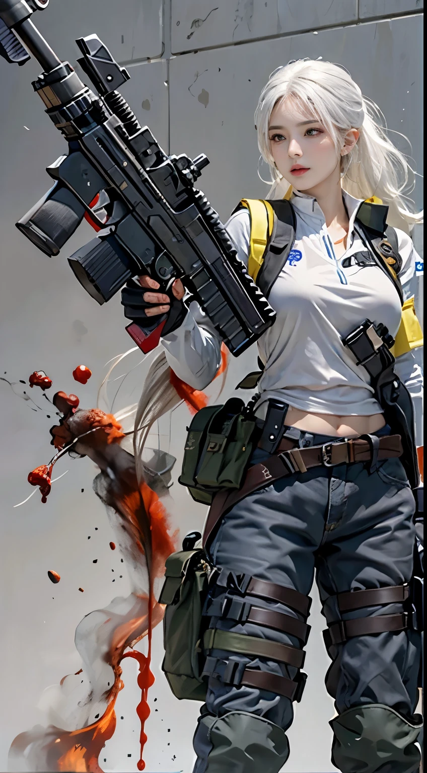 Photorealistic, high resolution, 1womanl, Solo, Hips up, view the viewer, (Detailed face), White hair, SWAT vests, Gun, jewelry, blood splashed, hight quality