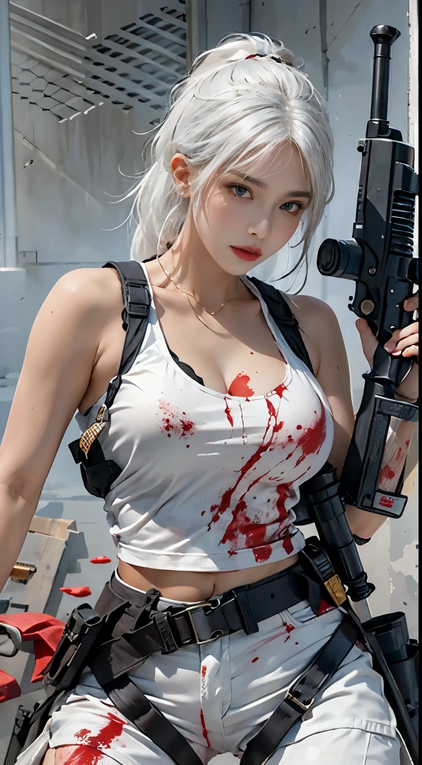 Photorealistic, high resolution, 1womanl, Solo, Hips up, view the viewer, (Detailed face), White hair, SWAT vests, Gun, jewelry, blood splashed, hight quality