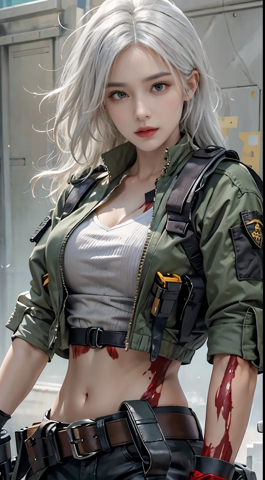 Photorealistic, high resolution, 1womanl, Solo, Hips up, view the viewer, (Detailed face), White hair, SWAT vests, Gun, jewelry, blood splashed, hight quality
