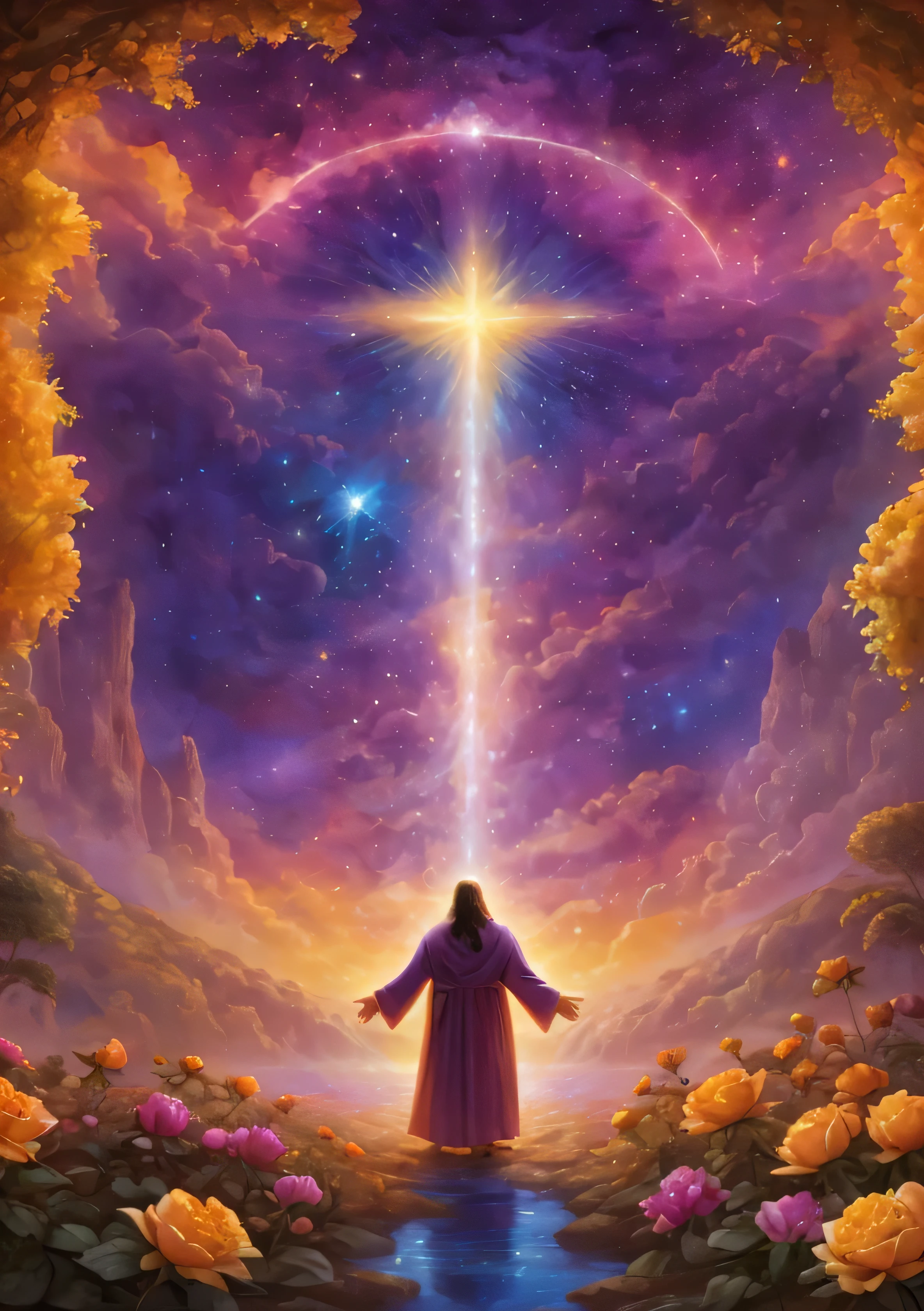 a painting of jesus standing in a garden with flowers and a cross, holy sacred light rays, cosmic enlightenment, spiritual light, holy rays of spiritual light, glowing god rays, spiritual enlightenment, ascended, background artwork, glowing holy aura, light of god, heavenly light, les edwards poster art, ascension, astral travel, reaching towards the heavens, divine light
