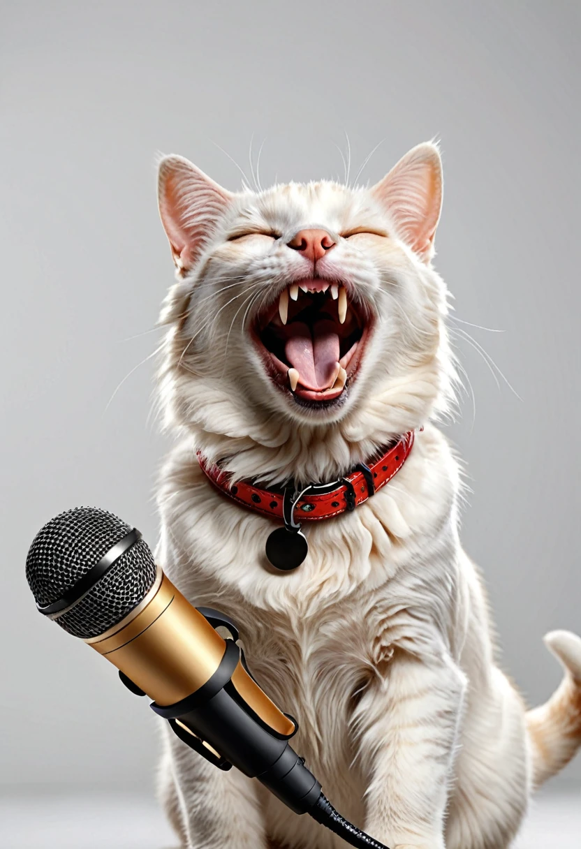 amazing quality, ultra detailed, super realistic, cat and dog rock , happy cat, cute cat, white cat, kind and cutty cat, happy dog, cute dog, cat and dog sing a duet together, concert, smile, singing, extremely detailed, there is a cat that is singing song with dog, happy dog, a cat is smiling, smiling cat, happy with his mouth open, funny cat, soft lulling tongue, cat photo, dog photo, laughing and yelling, cute cat and dog photo, with mouth open, cat, dog, smileeeeeee, photo of a cat, white background, music playing, cat singing with microphone, mouse open, realistic cat. eyes closed in pleasure, red collar. make teeth natural looking and detailed. shiny red collar. Realistic super detailed teeth, pleasure and fun
