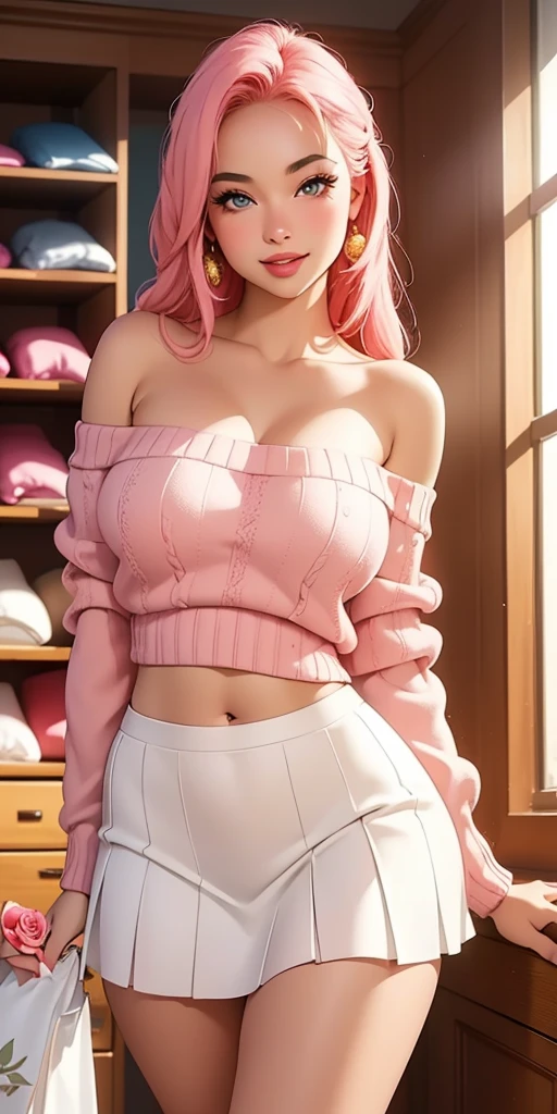 (best quality, ultra-detailed, photorealistic: 1.39), Face of naughty 19 year old teenager, Girl in love with big breasts, bright and vibrant colors, studio lighting, romantic expression, beautiful detailed red off-shoulder sweater:1.2 , sensual white mini skirt, elegant makeup, long pink hair flowing in the wind, attractive eyes, lips bright, sexy pose, beautiful roses, smiling confidently and seductively, posing for a professional photo shoot, shallow depth of field, soft natural lighting, creating a dreamy and magical atmosphere. In the clothing store, beautiful store