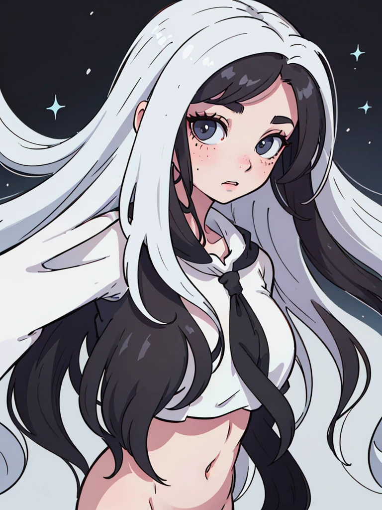 (best quality:0.8) perfect anime illustration, a pretty girl, with long black and wavy hair, freckles, pale skin, freckles e olhos azuis bem claros