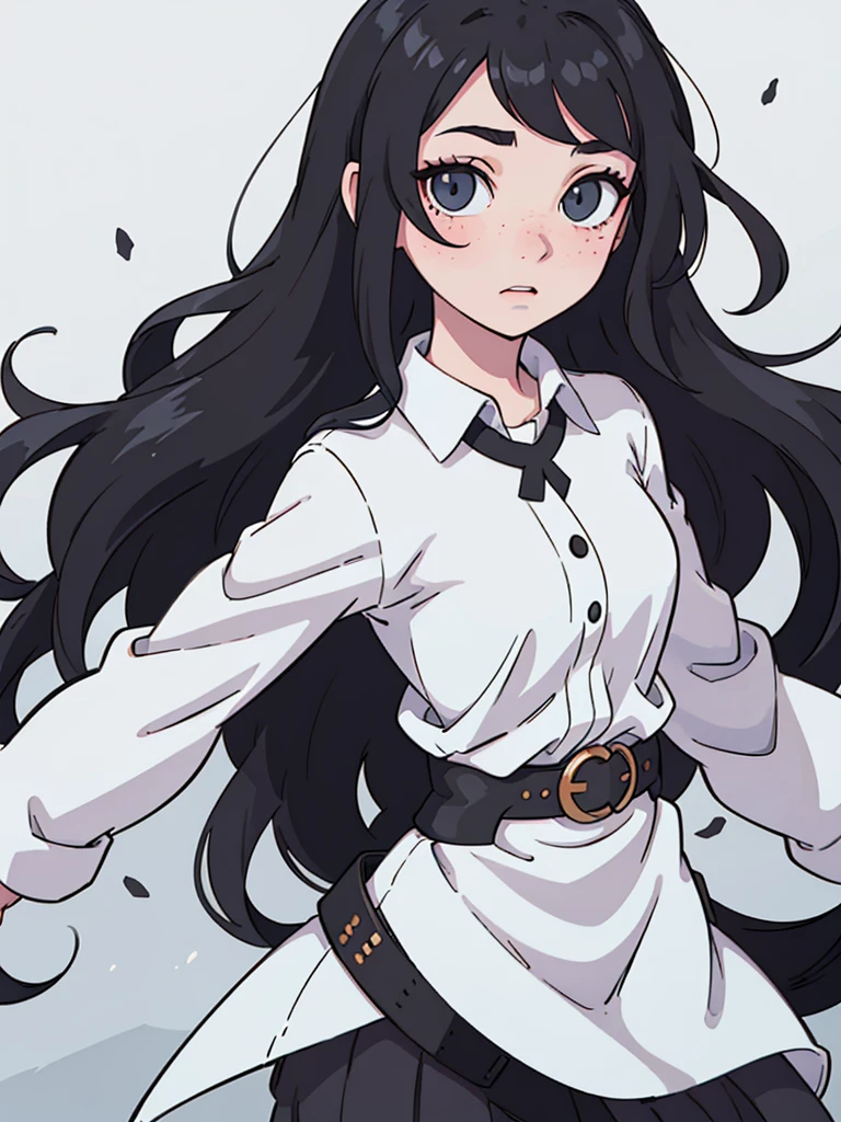 (best quality:0.8) perfect anime illustration, a pretty girl, with long black and wavy hair, freckles, pale skin, freckles e olhos azuis bem claros