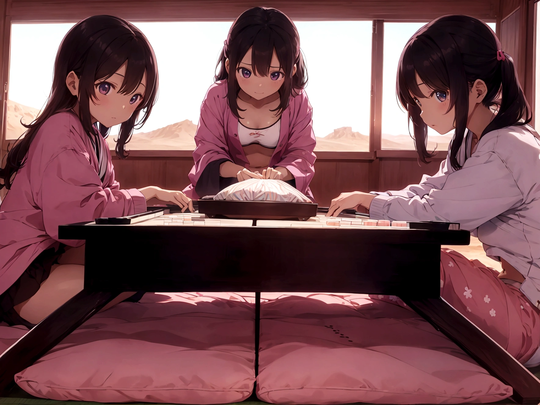 A kotatsu in the middle of the desert、Four girls playing strip mahjong at the kotatsu、A girl in pretty pink underwear、Girl undressing