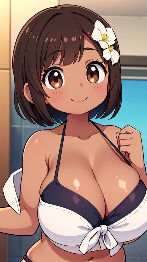 Beautiful young girl , Beautiful round breasts,Bust up front,Beautiful upturned breasts,G-Cup, Narrow waist,Brown skin,Short Bob,Baby Face, bikini top,(((Enlarged view of the upper body))),View from the front, Cleavage is clearly visible,Keep your head upright and smile,ID photo
