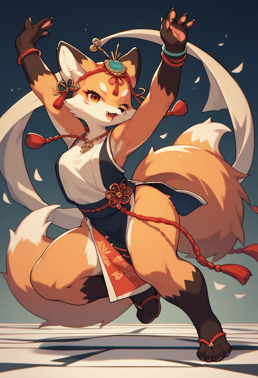 top quality, ancient Chinese beauty, absurdres, perfect ???????, kemono, solo focus, furry anthro, fox facial features, fox body features, very detailed body fur, full body, dancing pose,