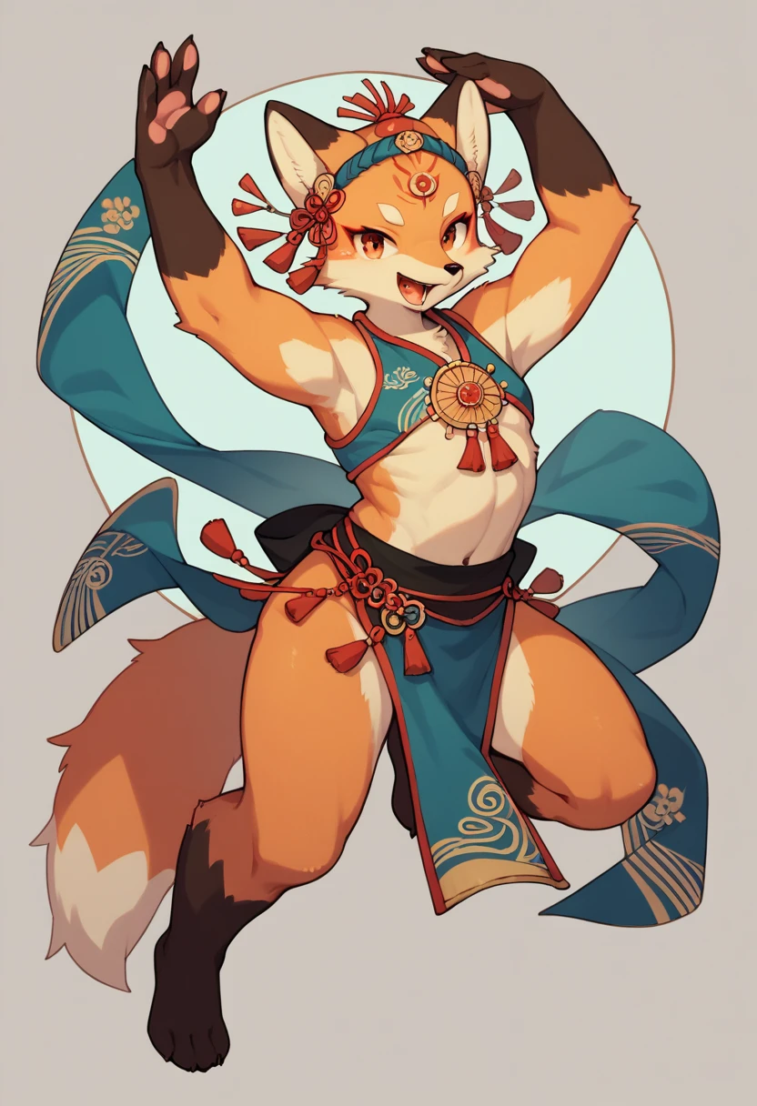 top quality, ancient Chinese beauty, absurdres, perfect anatomy, kemono, solo focus, furry anthro, fox facial features, fox body features, very detailed body fur, full body, dancing pose,