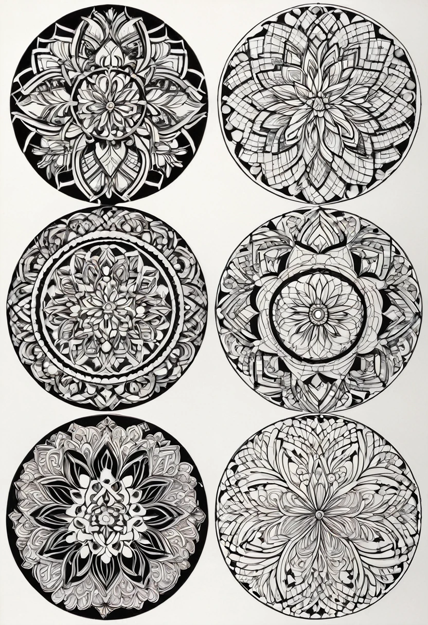 four different pictures of a plate with a design on it, mandalas, simplified zentangle, inspired by Howard Mehring, intermediate art, intricate!!, intricate designs, circle forms, detailed designs, detailed art, inspired by William Dobson, inspired by M. C. Escher, inspired by M.C. Escher, intricate art, over-detailed art