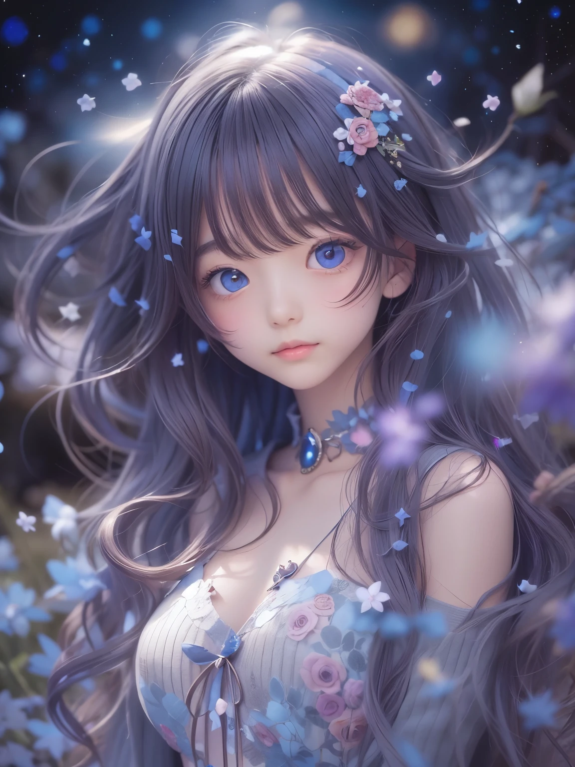 8age、Real masterpieces, Highest quality, Highly detailed shape,1 Girl,alone, Image body, flower, Looking at the audience、 Purple eyes, Jewel-like eyes, Very beautiful eyes, Highly detailed face、universe (null), constellation, Purple Energy, handrail, meteor、Shiny, straight, long hair down to the waist, Beautiful shiny bangs、16k、
