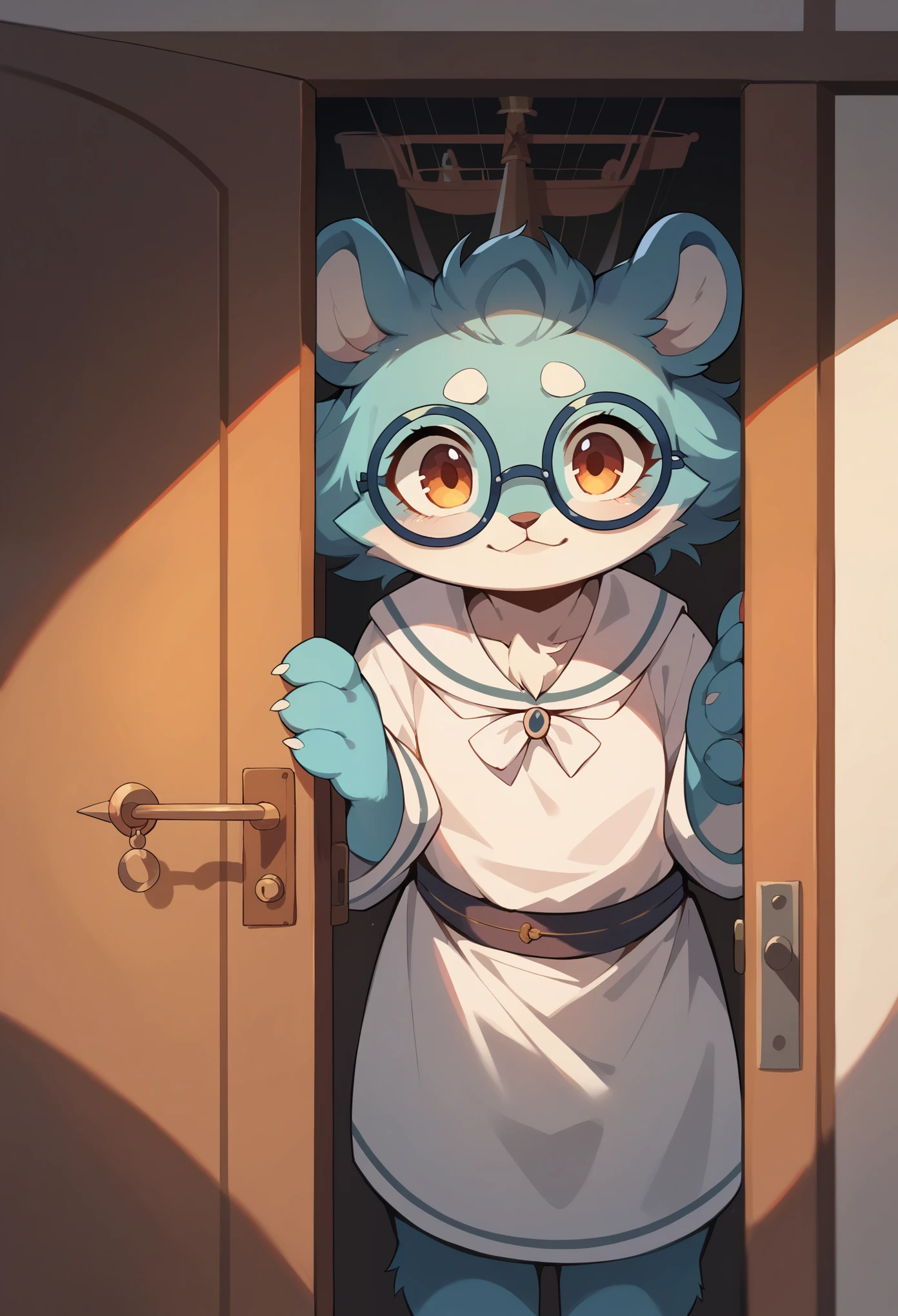 masterpiece, best quality(1girl, furry, ship, manul girl, side of door, glasses, animal nose, detail fur, adorable, black, glasses)looking at viewer, perfect light,
 