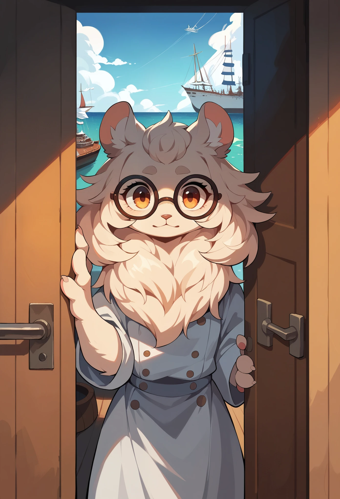 masterpiece, best quality(1girl, furry, ship, manul girl, side of door, glasses, animal nose, detail fur, adorable, black, glasses)looking at viewer, perfect light,
 