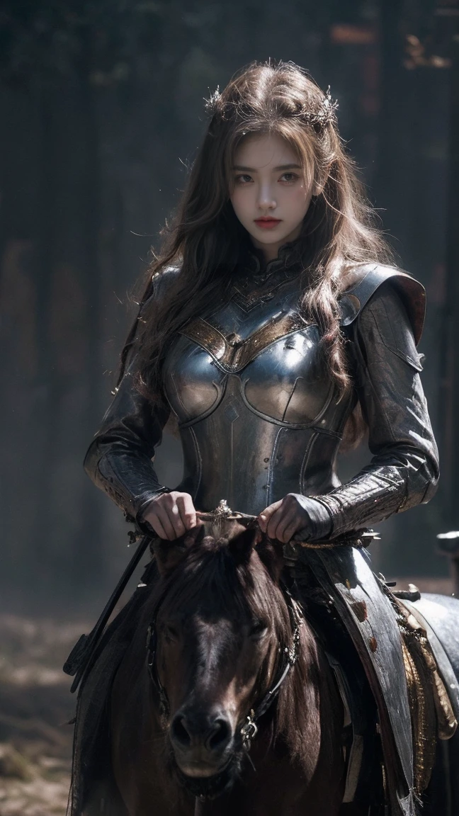21yo girl,(wearing iron suit),(viking suit),(wearing viking suit),(sword),(hold sword), (holding sword), (knight),(riding a horse),natural big breast, plump body,single sidelock hairpin blush modern cinematic lighting,ray tracing,drop shadow wide shot UHD,textured skin,high details,best quality 4K