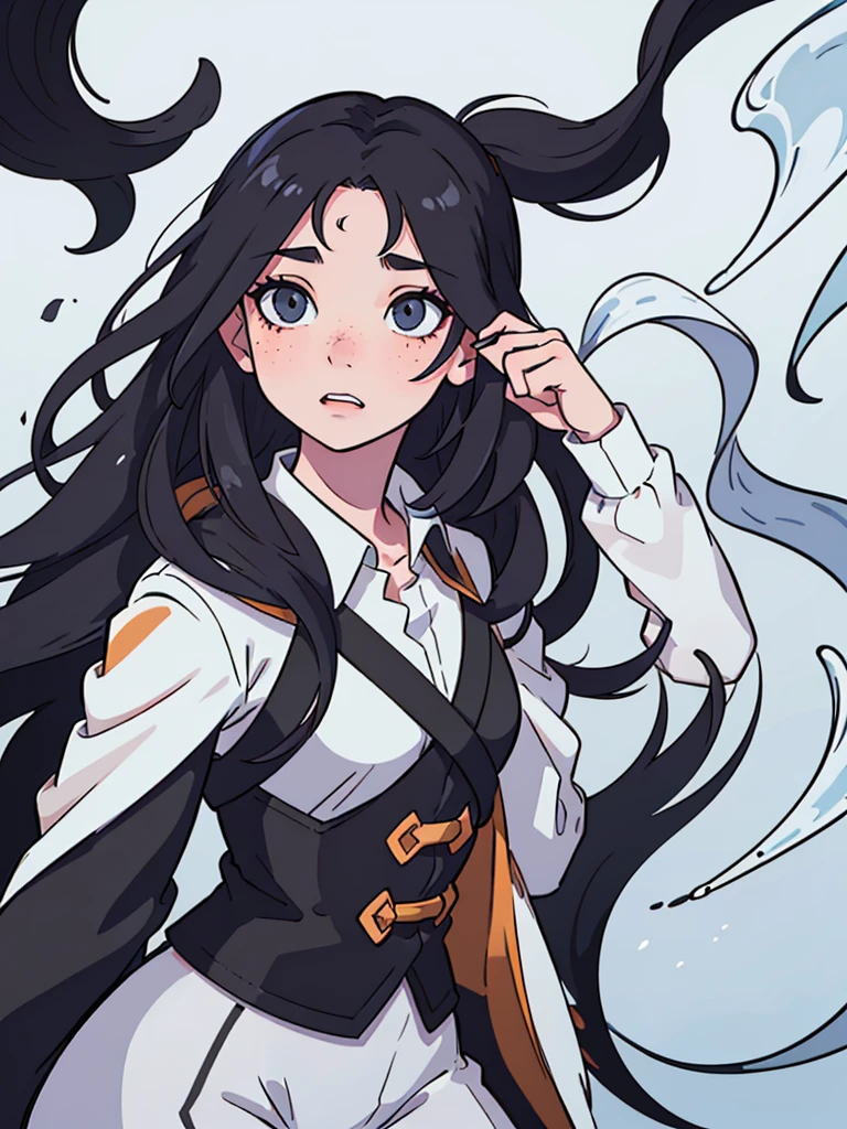 (best quality:0.8) perfect anime illustration, a pretty girl, with long black and wavy hair, freckles, pale skin, freckles e olhos azuis bem claros