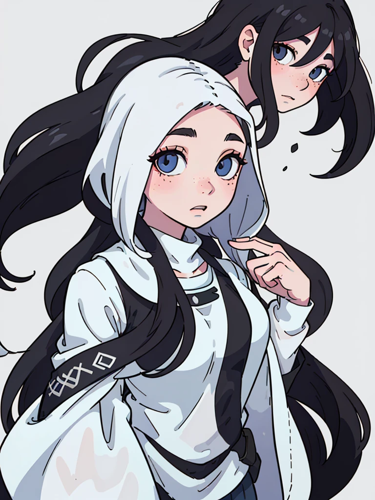 (best quality:0.8) perfect anime illustration, a pretty girl, with long black and wavy hair, freckles, pale skin, freckles e olhos azuis bem claros